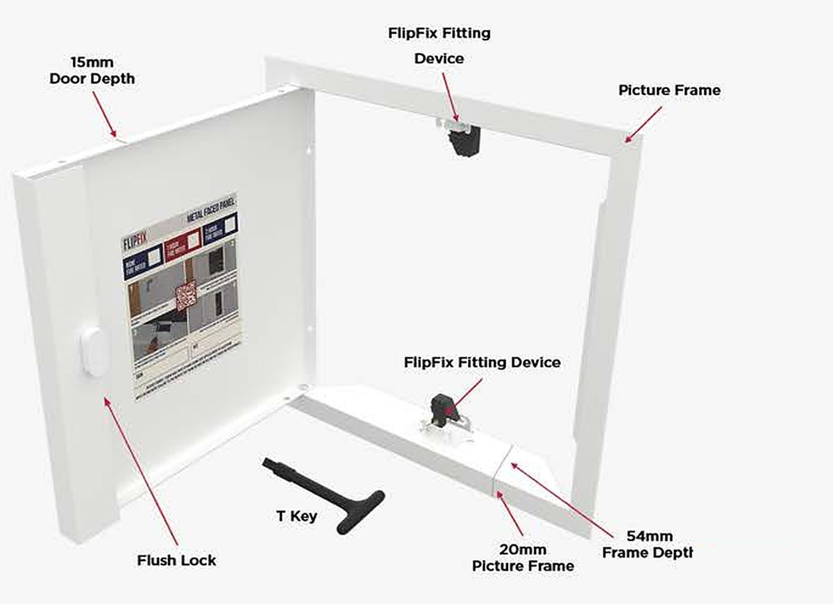 FlipFix metal faced access panel diagram: 15mm door depth, 54mm frame depth, 20mm picture frame, flush lock, T key and FlipFix fitting devices