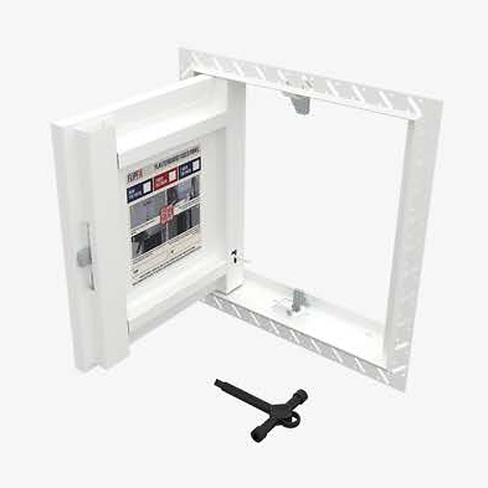 FlipFix plasterboard faced access panel with the door open, showing the beaded frame and key