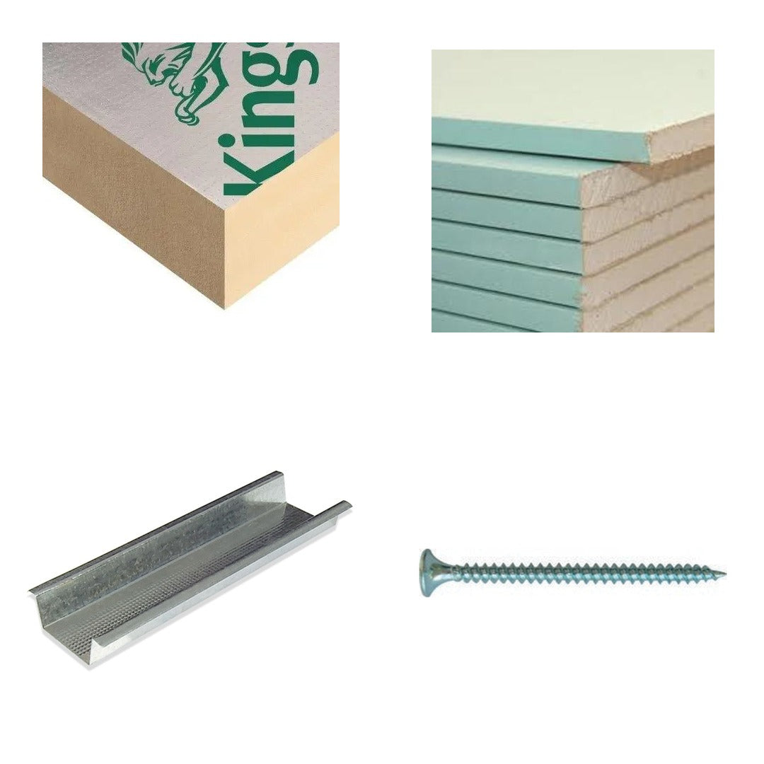 Four products from our range: Kingspan PIR insulation board, moisture resistant plasterboard, MF5 ceiling section and an Evolution drywall screw