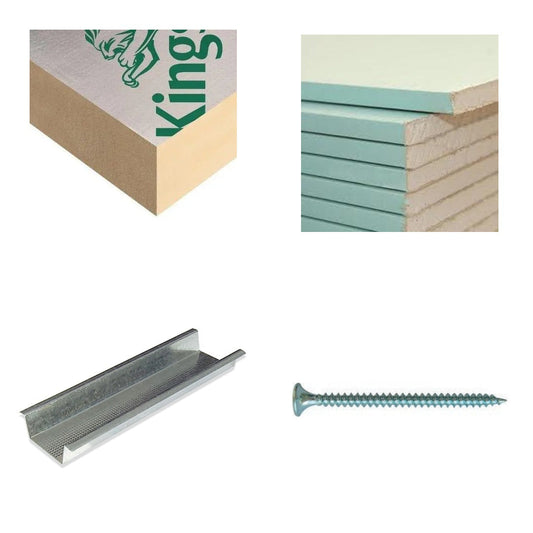 Four products from our range: Kingspan PIR insulation board, moisture resistant plasterboard, MF5 ceiling section and an Evolution drywall screw
