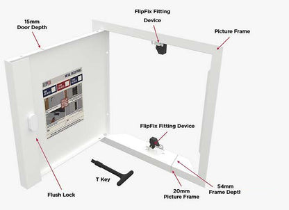 FlipFix metal faced access panel diagram: 15mm door depth, 54mm frame depth, 20mm picture frame, flush lock, T key and FlipFix fitting devices