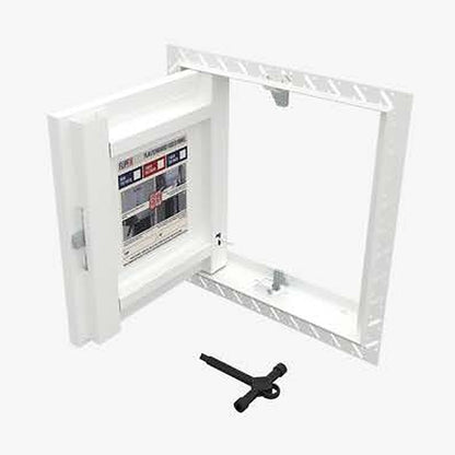FlipFix plasterboard faced access panel with the door open, showing the beaded frame and key